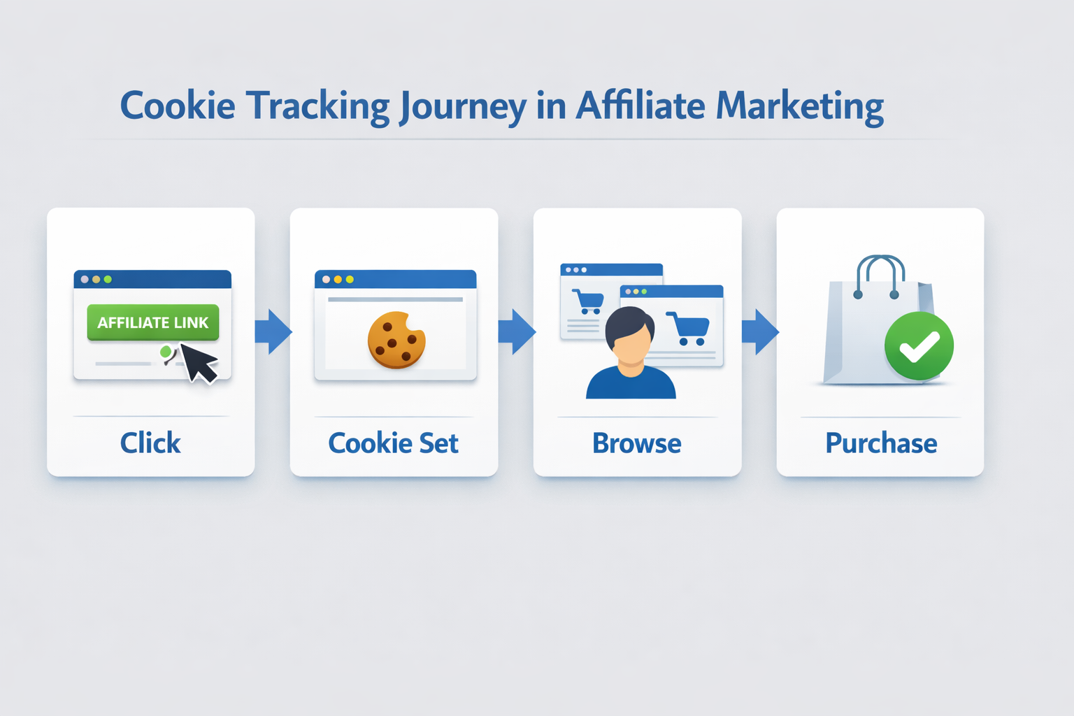 Cookie tracking journey showing click, cookie placement, browsing, and purchase stages