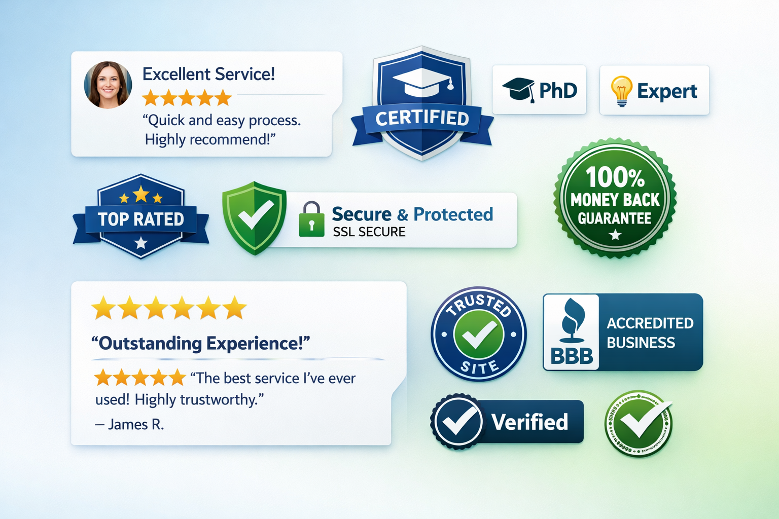 Credibility elements including testimonials, certifications, and trust indicators