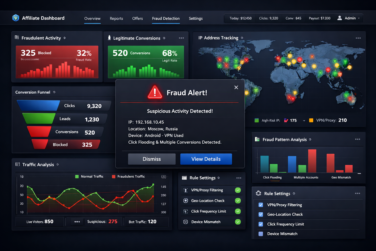 Modern affiliate management software dashboard showing real-time fraud detection and monitoring with analytics panels