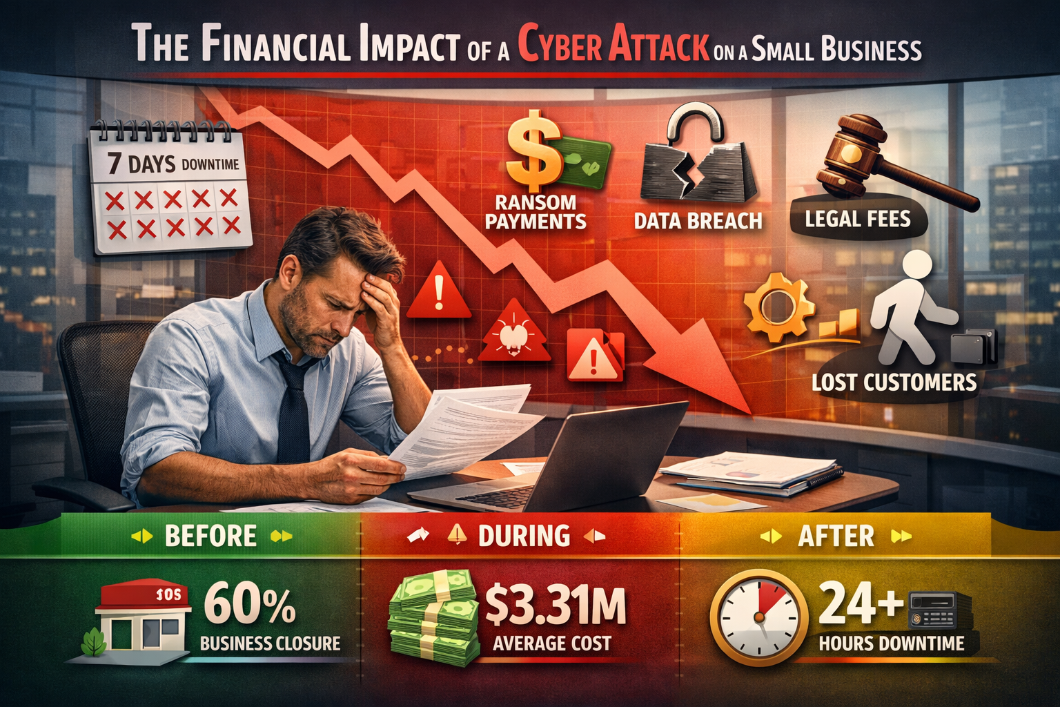 Financial impact visualization showing costs and consequences of cyber attacks on small businesses