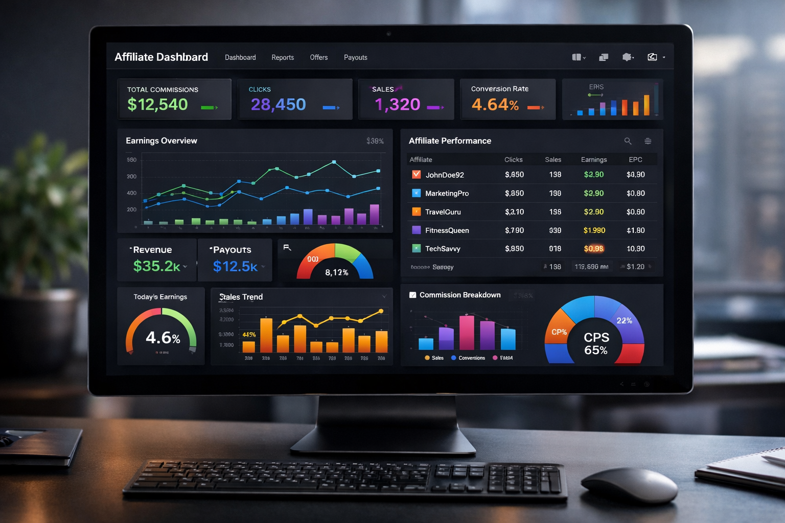 Affiliate marketing software dashboard showing real-time analytics and commission tracking