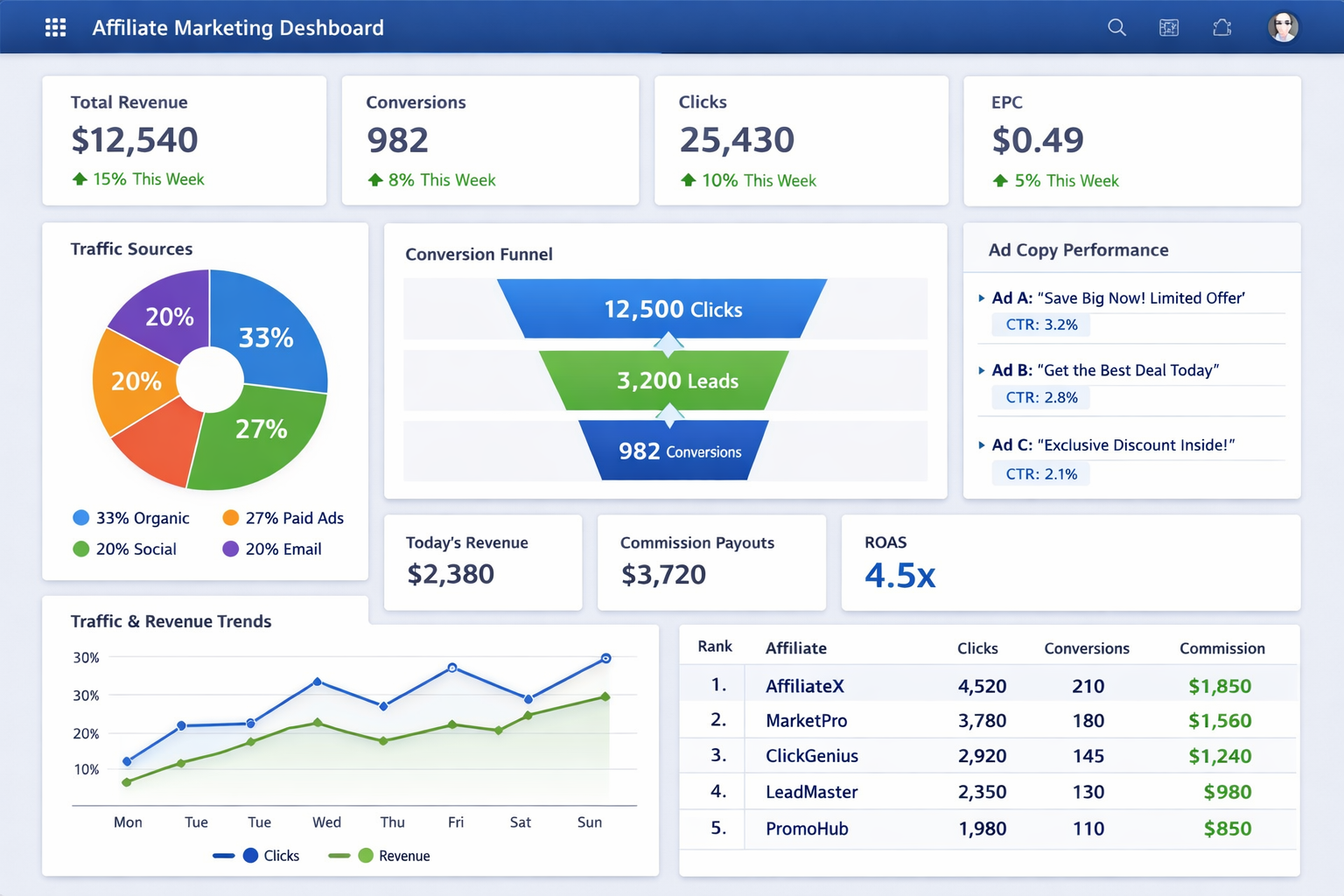 Modern affiliate marketing dashboard with traffic sources, conversions, and revenue metrics