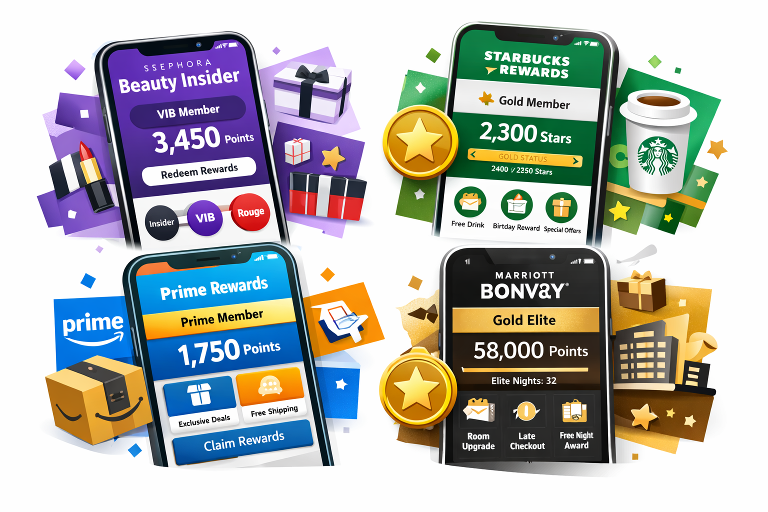 Collage of famous loyalty program logos and interfaces including Sephora, Starbucks, Amazon Prime, and Marriott