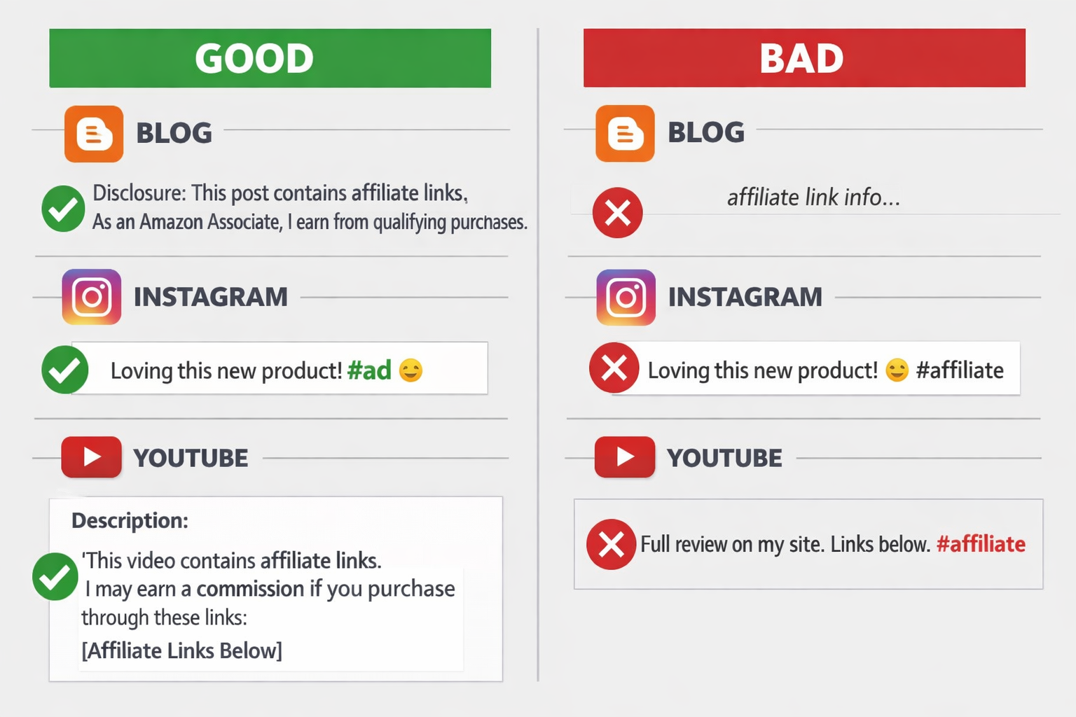 Examples of good and bad affiliate disclosure statements across platforms