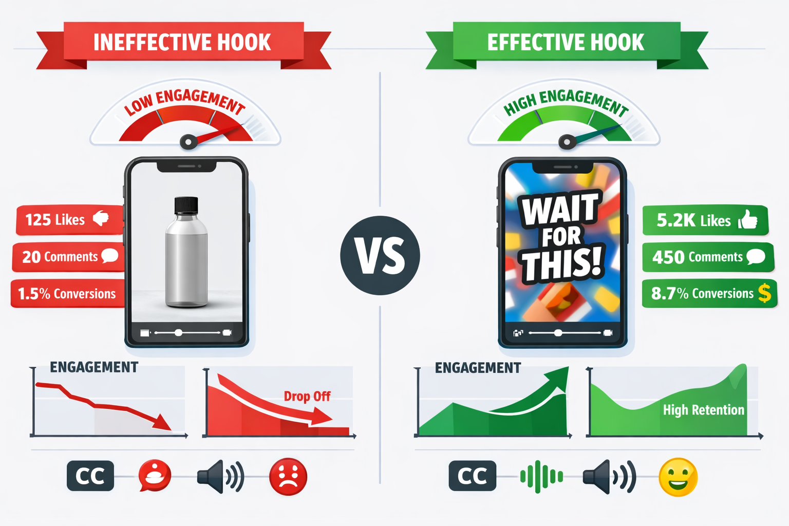 Split-screen comparison showing effective vs ineffective video hooks for affiliate marketing