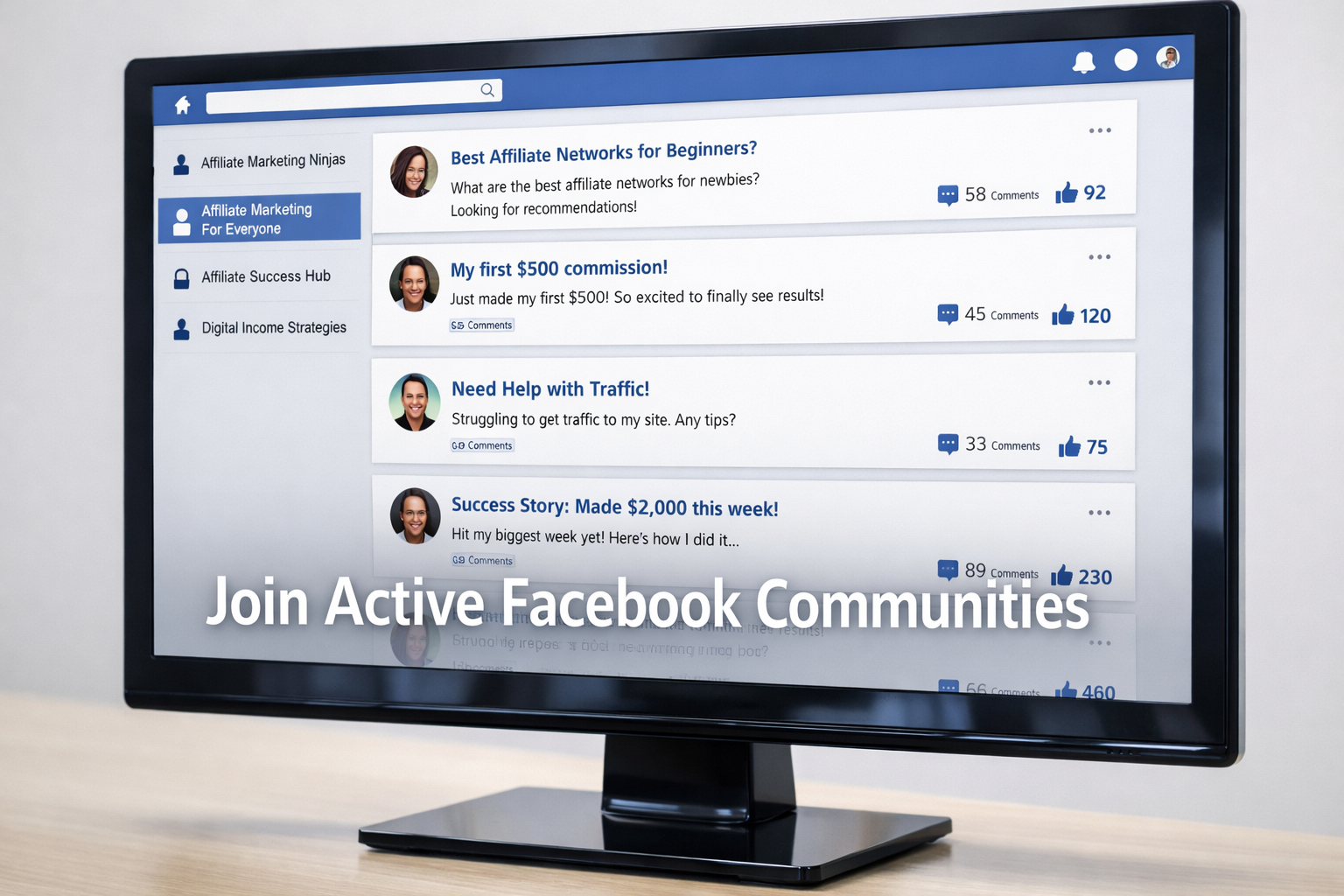 Facebook groups interface for affiliate marketing communities