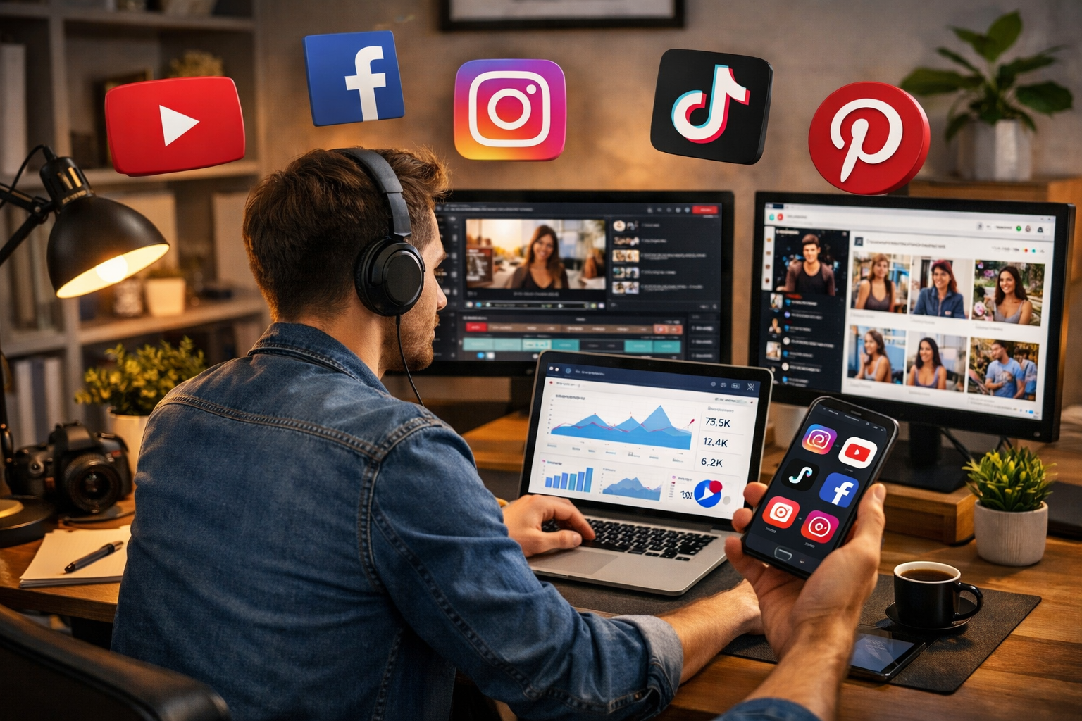 Content creator managing multiple social media platforms for affiliate marketing