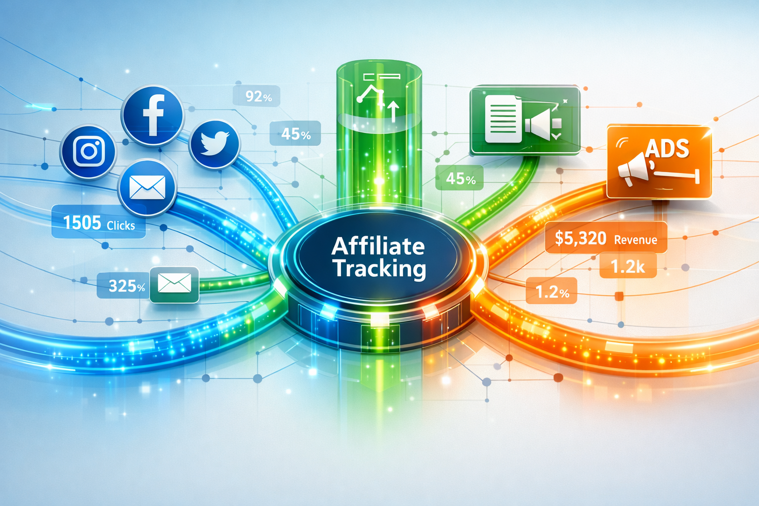 Affiliate link tracking network visualization showing interconnected data flows