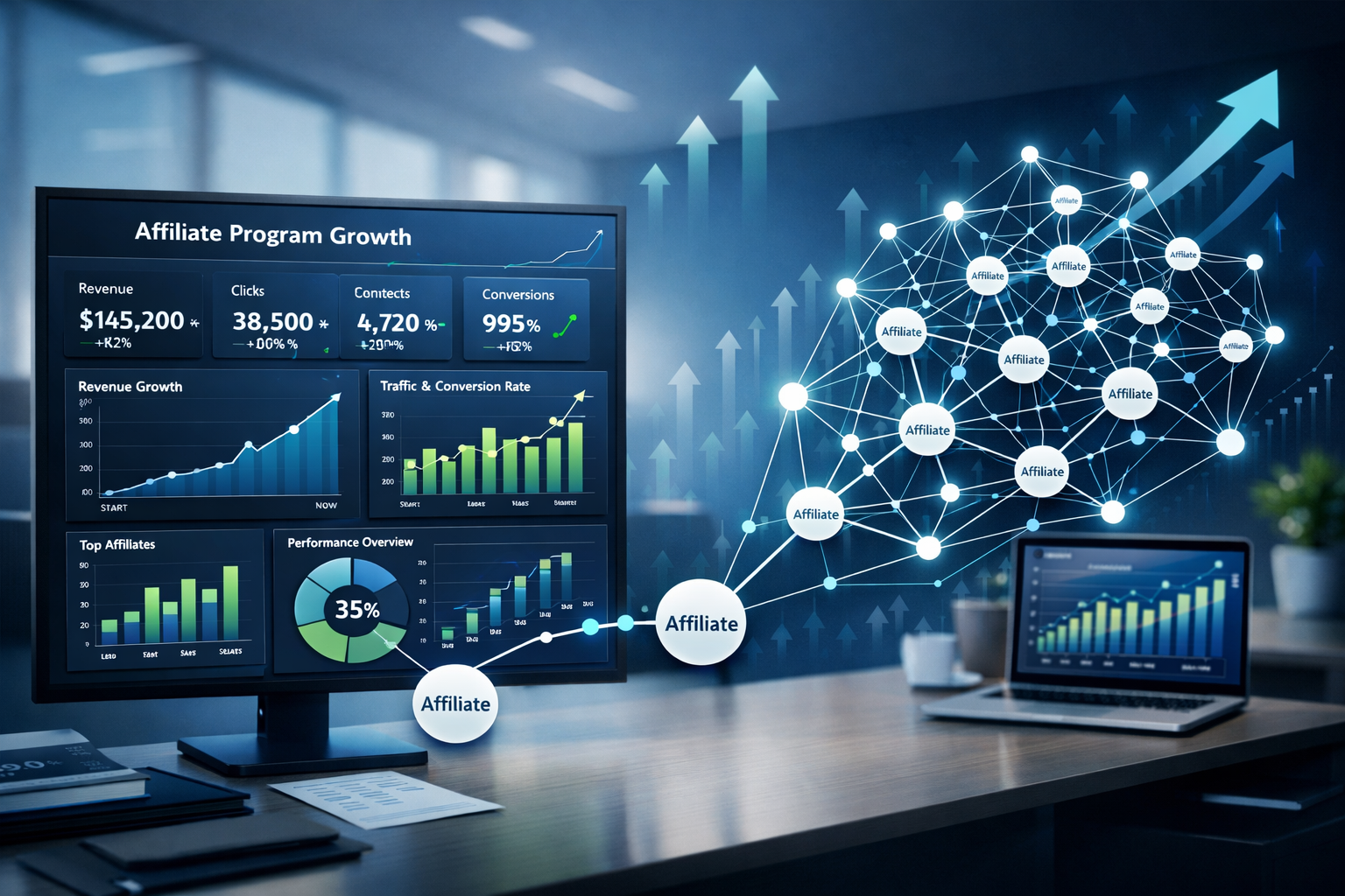 Business growth visualization showing affiliate program scaling and expansion with analytics dashboard