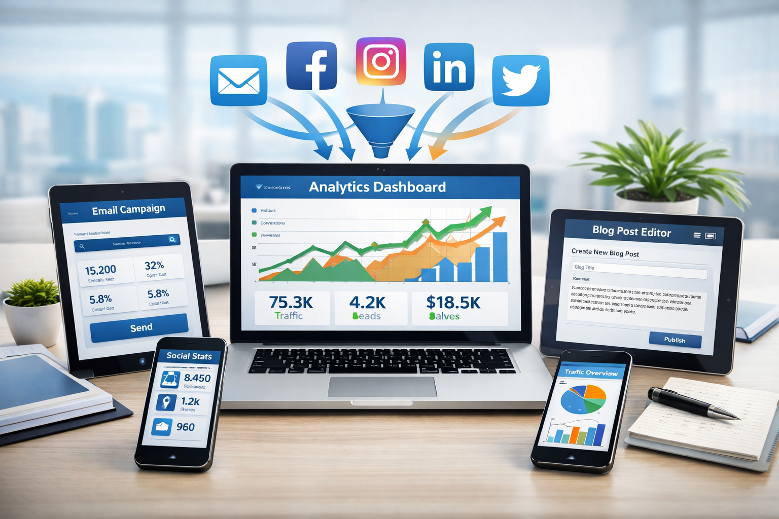 Digital marketing dashboard showing multiple traffic sources and channels with analytics