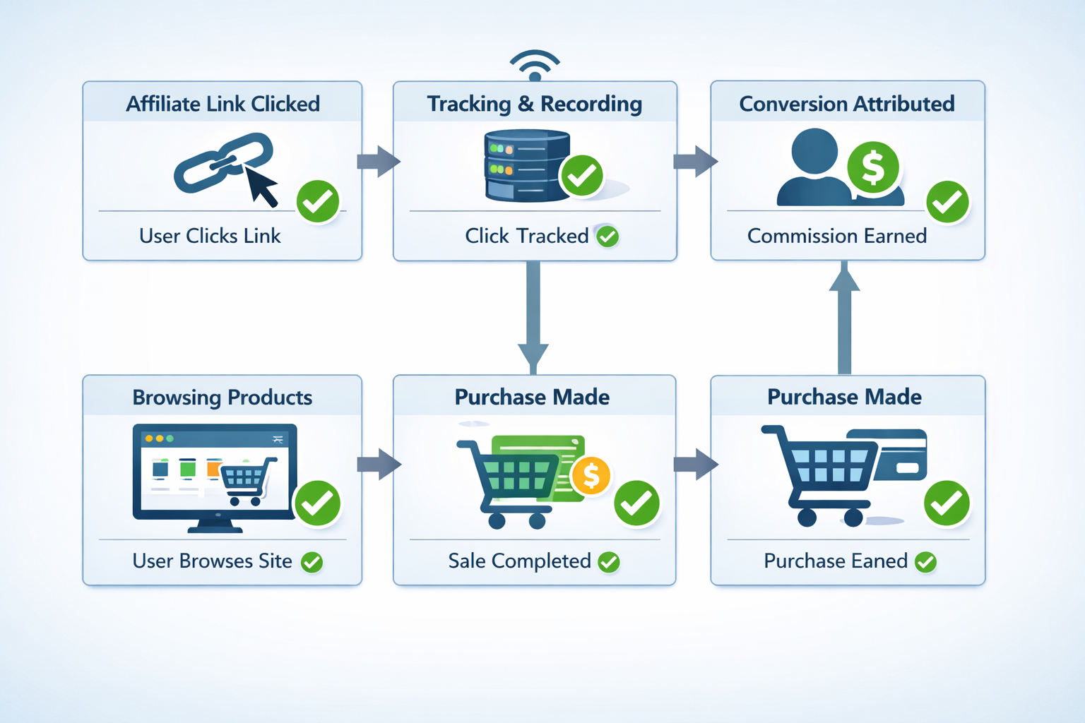 Affiliate marketing tracking flow from click to conversion