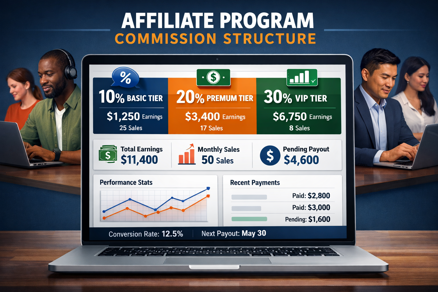 Affiliate program commission dashboard showing different commission structures and earning potential