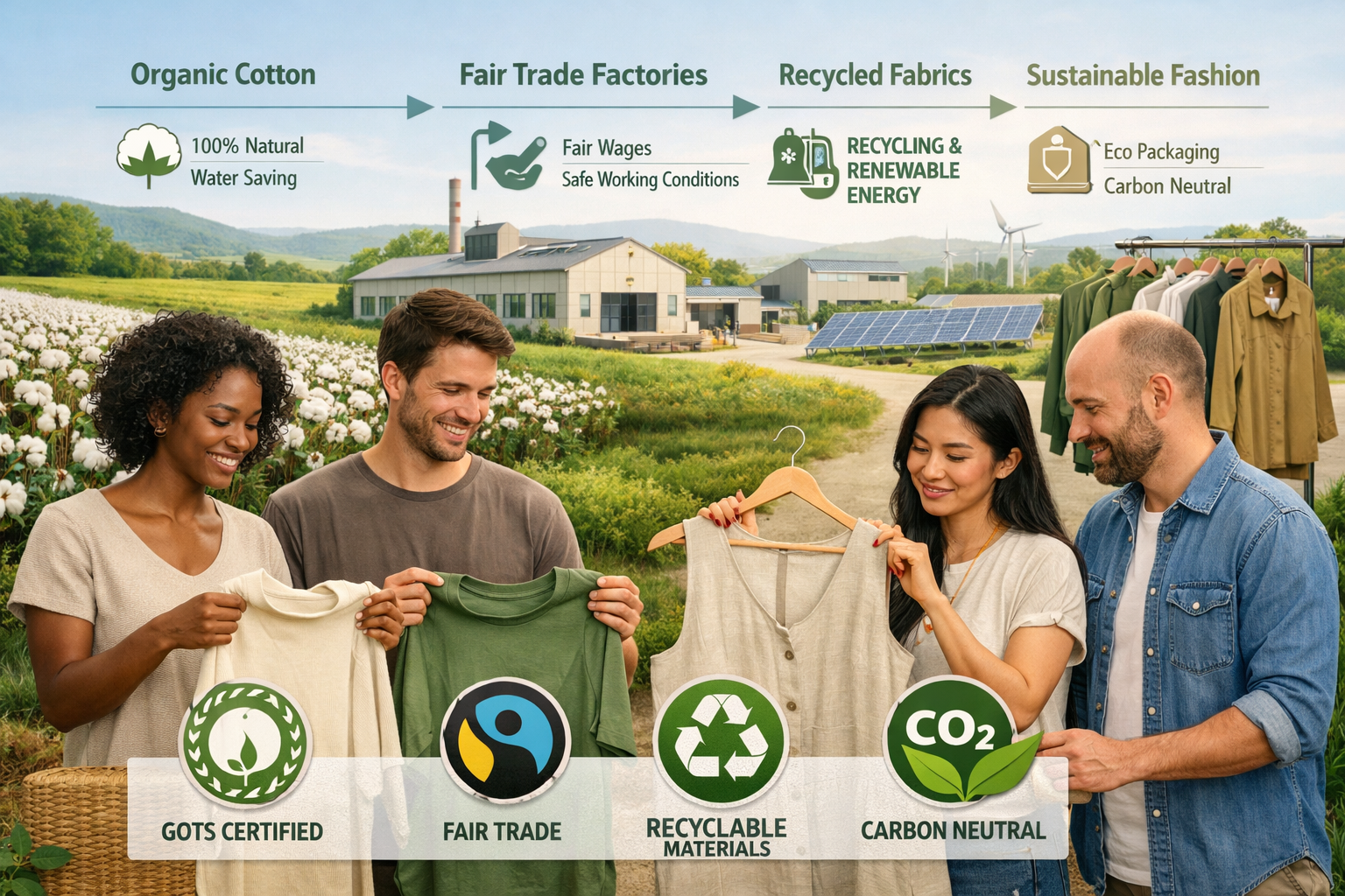 Sustainable fashion supply chain visualization showing ethical practices and environmental responsibility