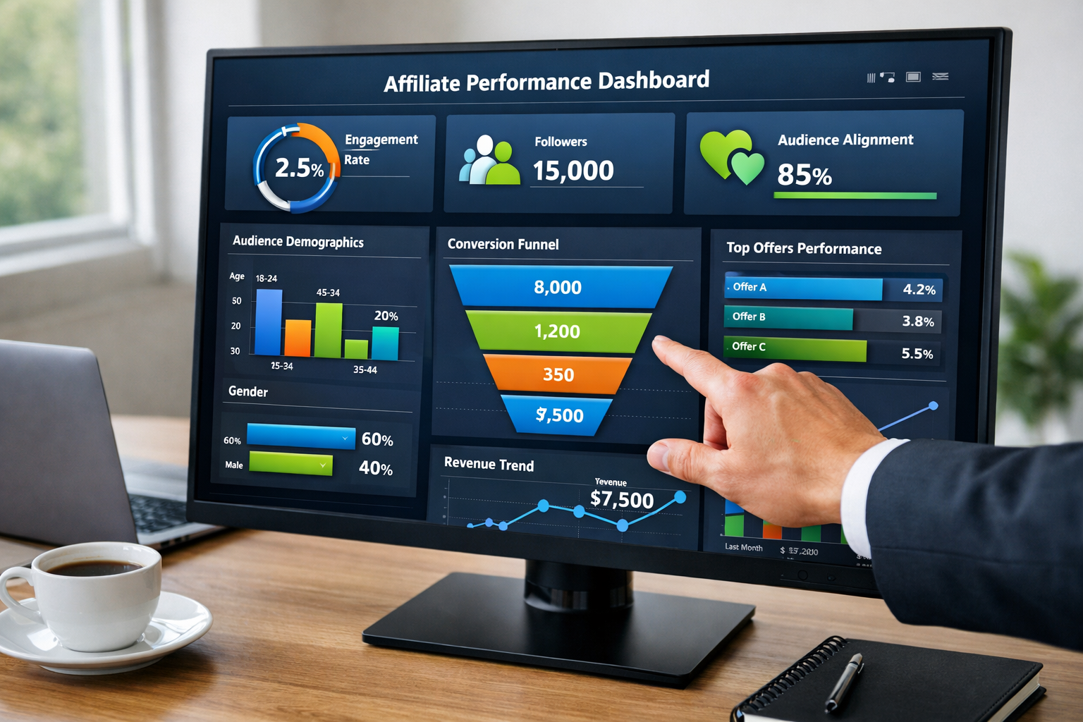 Analytics dashboard showing affiliate performance metrics and audience evaluation