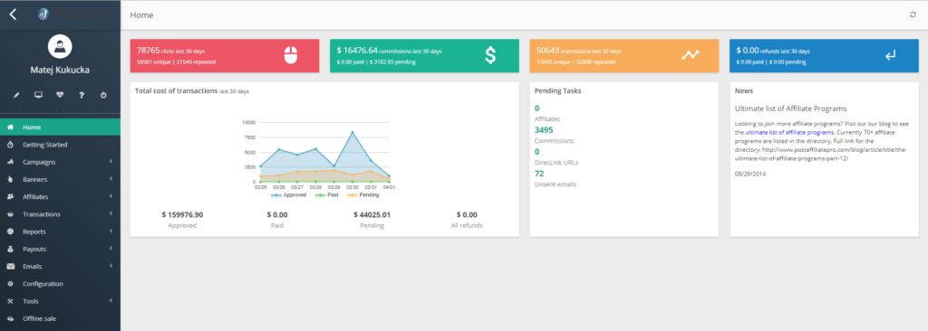 Post Affiliate Pro dashboard