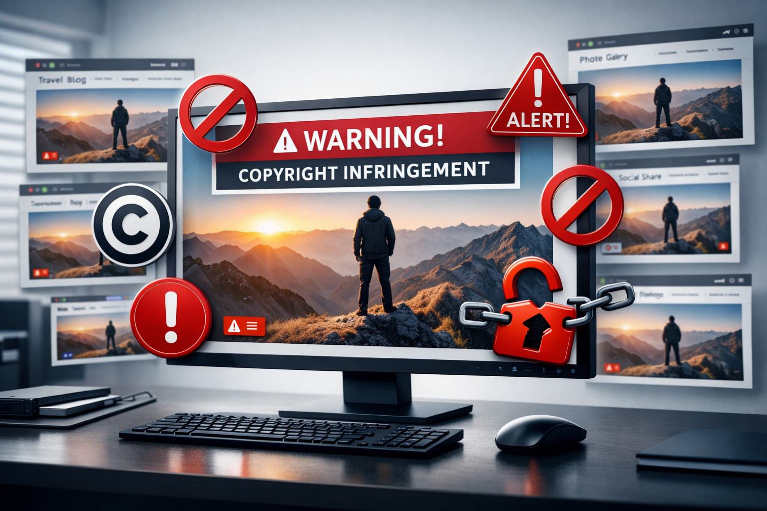 Image theft and copyright infringement concept with warning symbols and lock icons