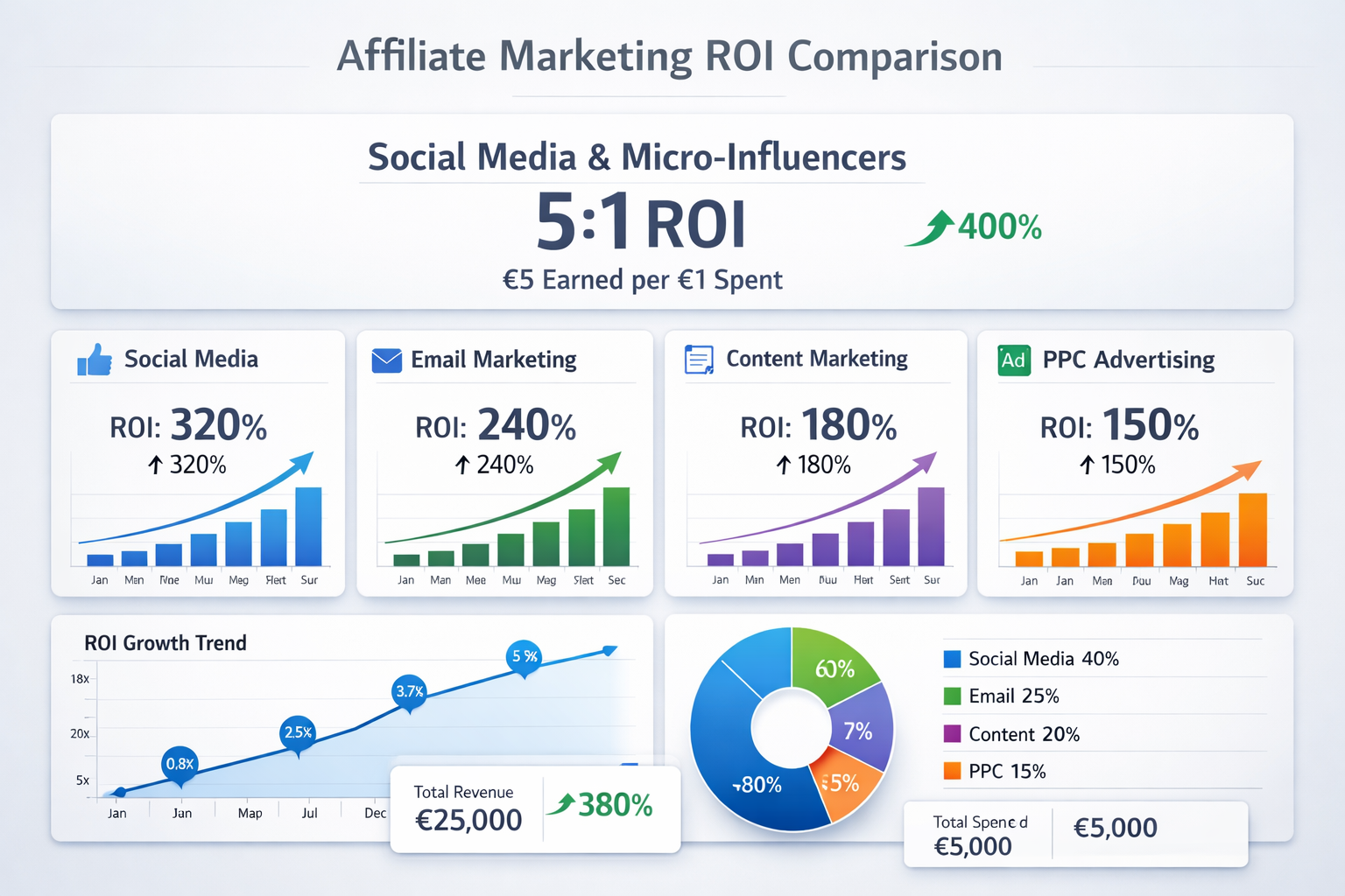 Affiliate marketing ROI comparison showing social media and micro-influencers at the top with 5:1 ratio