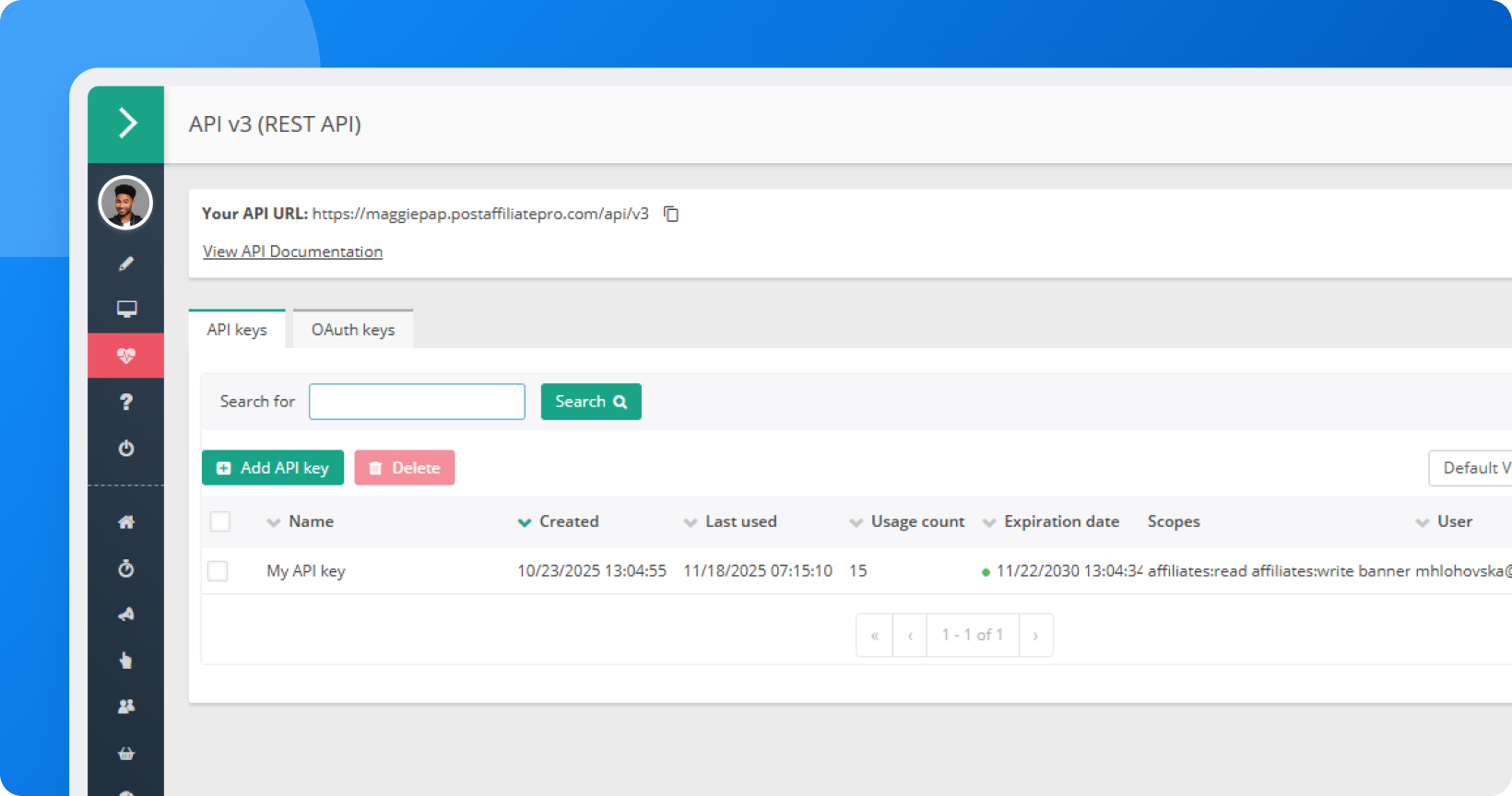 Post Affiliate Pro REST API v3 (Beta) documentation interface showing OpenAPI 3.0 specification, token-based authentication setup, and API key management screen with scopes and expiration settings