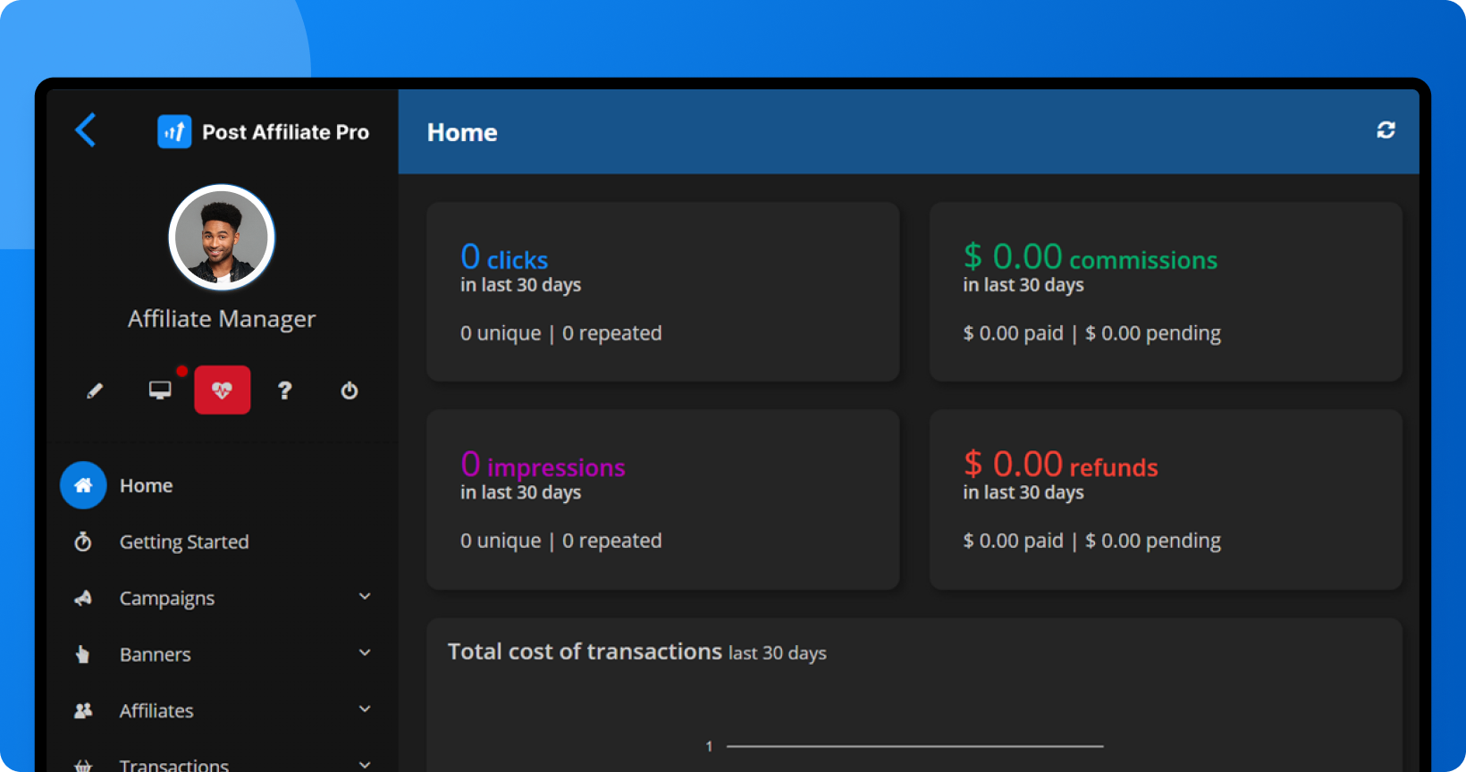 Preview of the Post Affiliate Pro Summer Theme in Dark Mode applied to merchant and affiliate panels