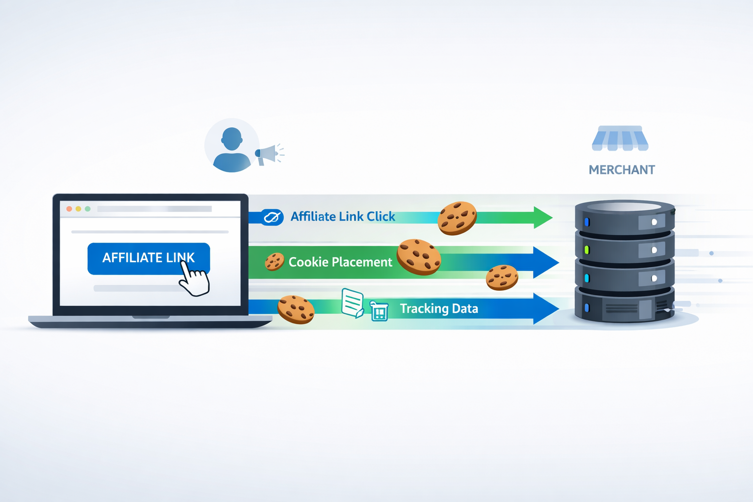 Cookie tracking mechanism showing data flow between user, affiliate, and merchant