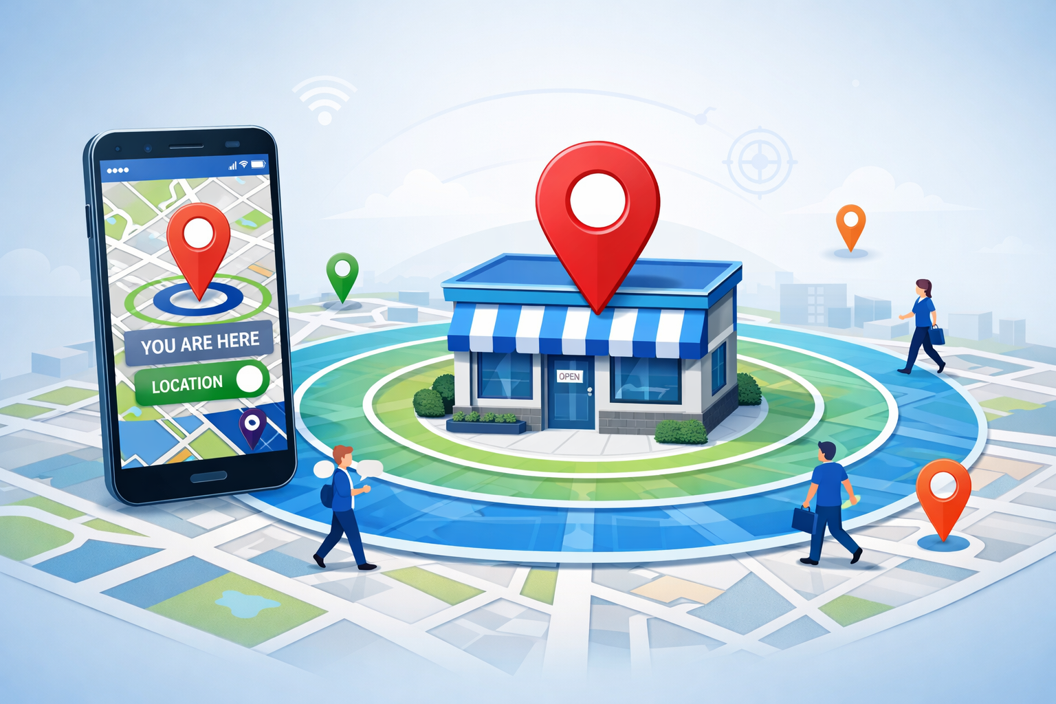 Geotargeting concept showing map with location pins and targeting radius around small business