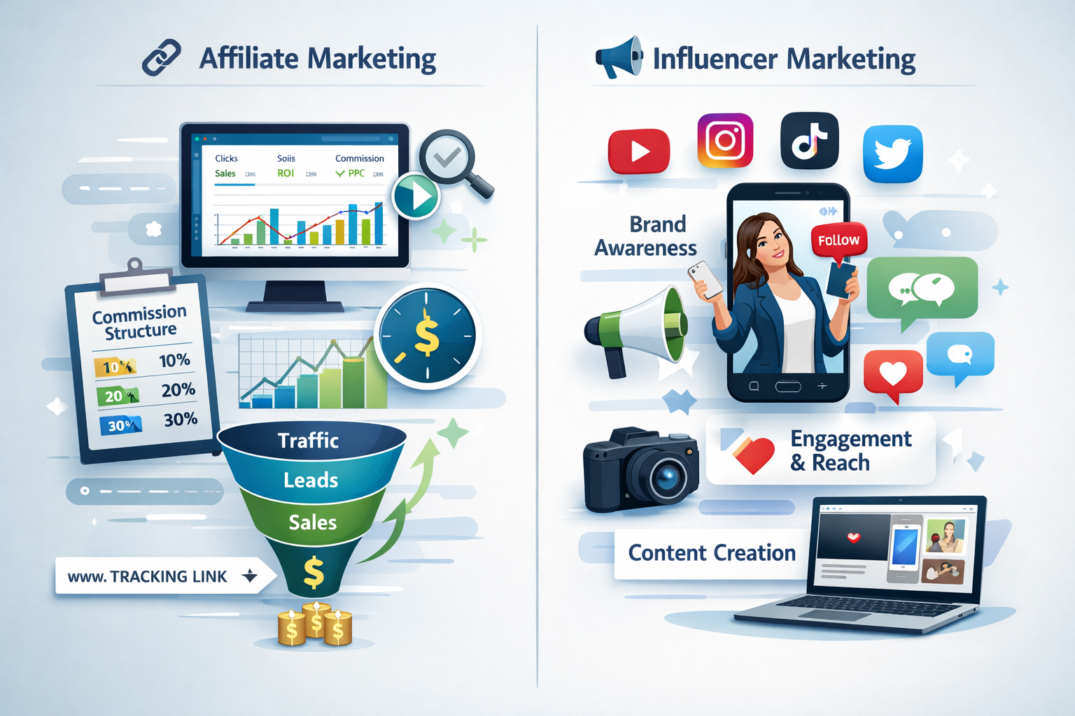 Affiliate marketing vs influencer marketing comparison showing two distinct marketing paths