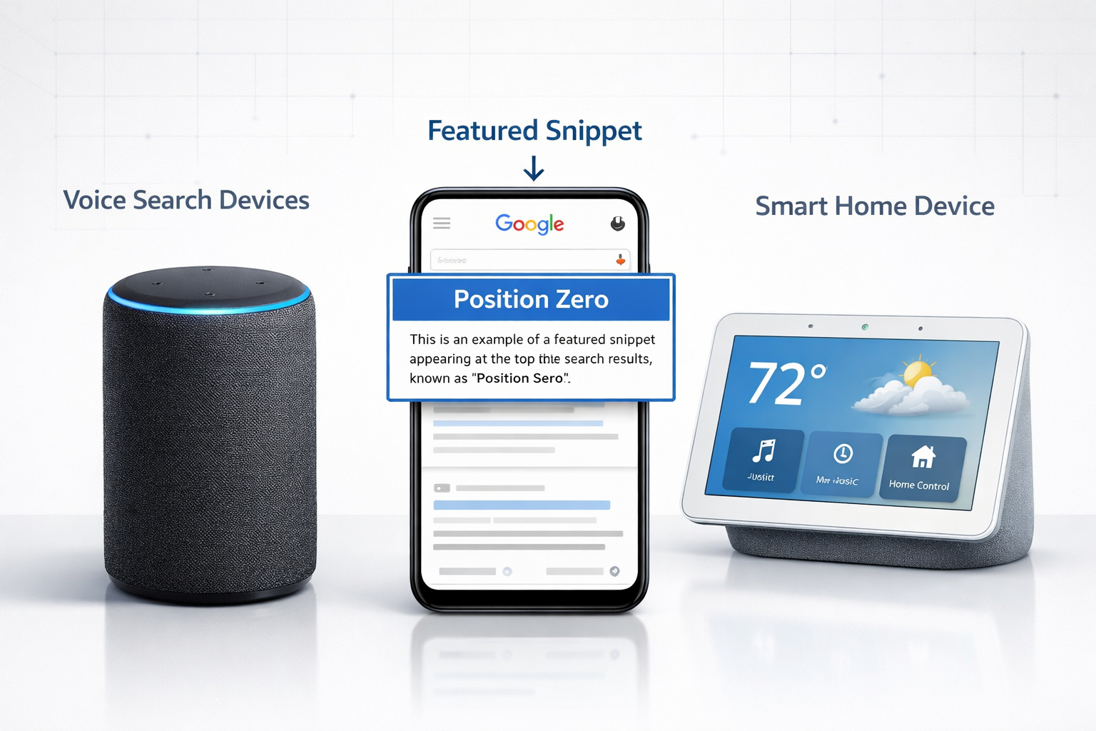 Voice search devices and featured snippets ecosystem showing smart speakers, smartphone with featured snippet, and position zero label