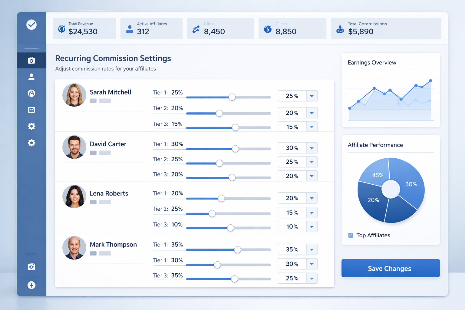Affiliate software dashboard showing customizable recurring commission management interface
