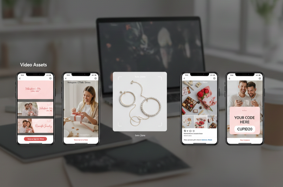 Social-first affiliate marketing assets displayed on mobile devices showing Instagram Stories, TikTok, and feed post dimensions with Valentine's Day creative examples