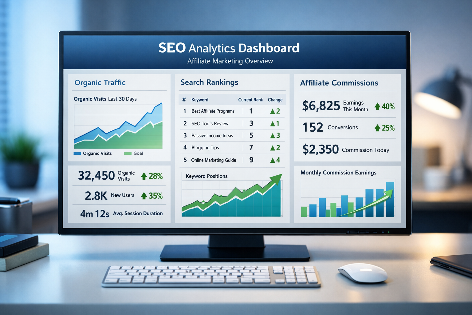 SEO analytics dashboard showing organic traffic growth and affiliate marketing metrics