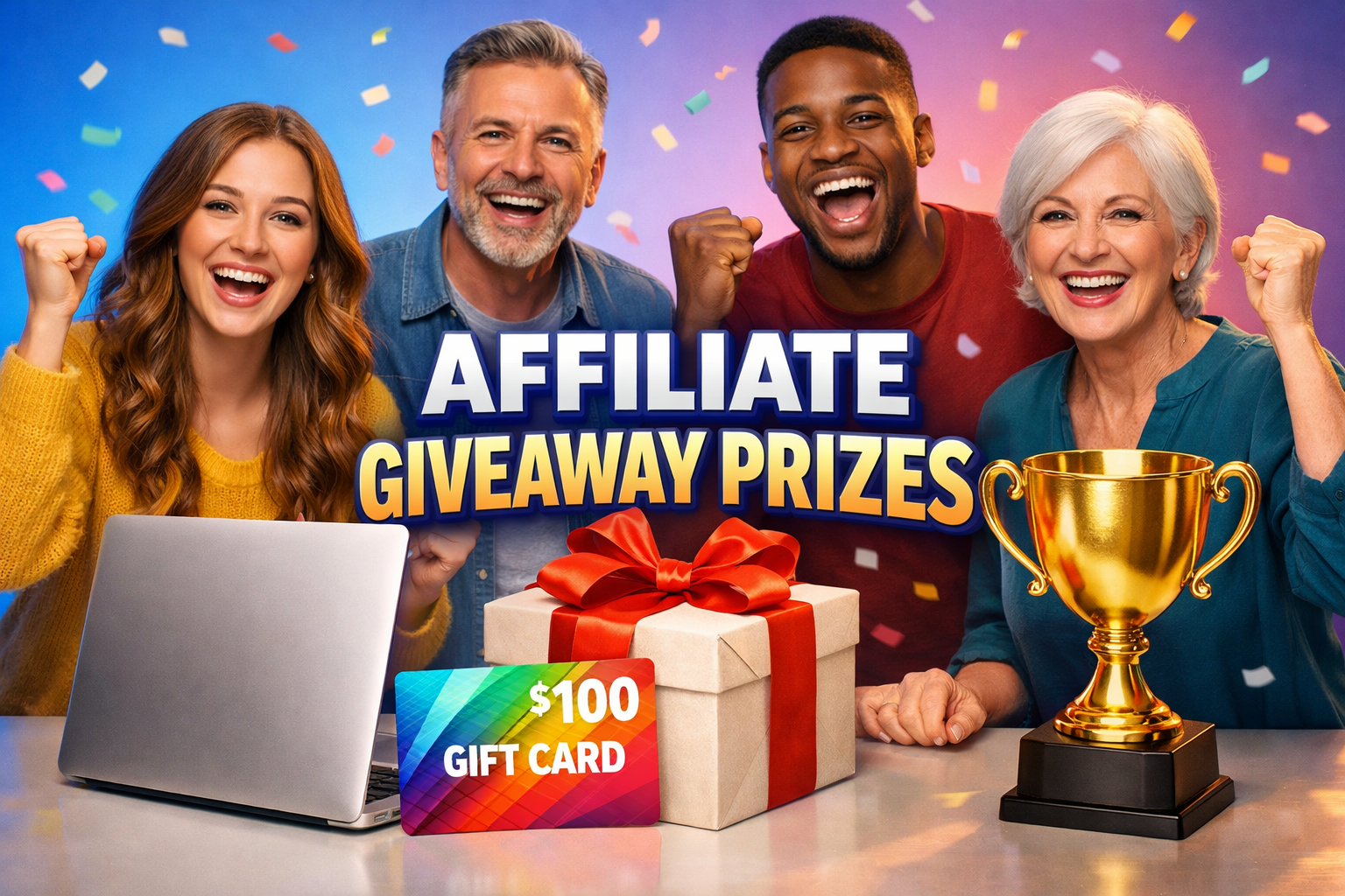 Diverse group of people celebrating affiliate marketing giveaway prizes including laptop, gift card, product box, and trophy
