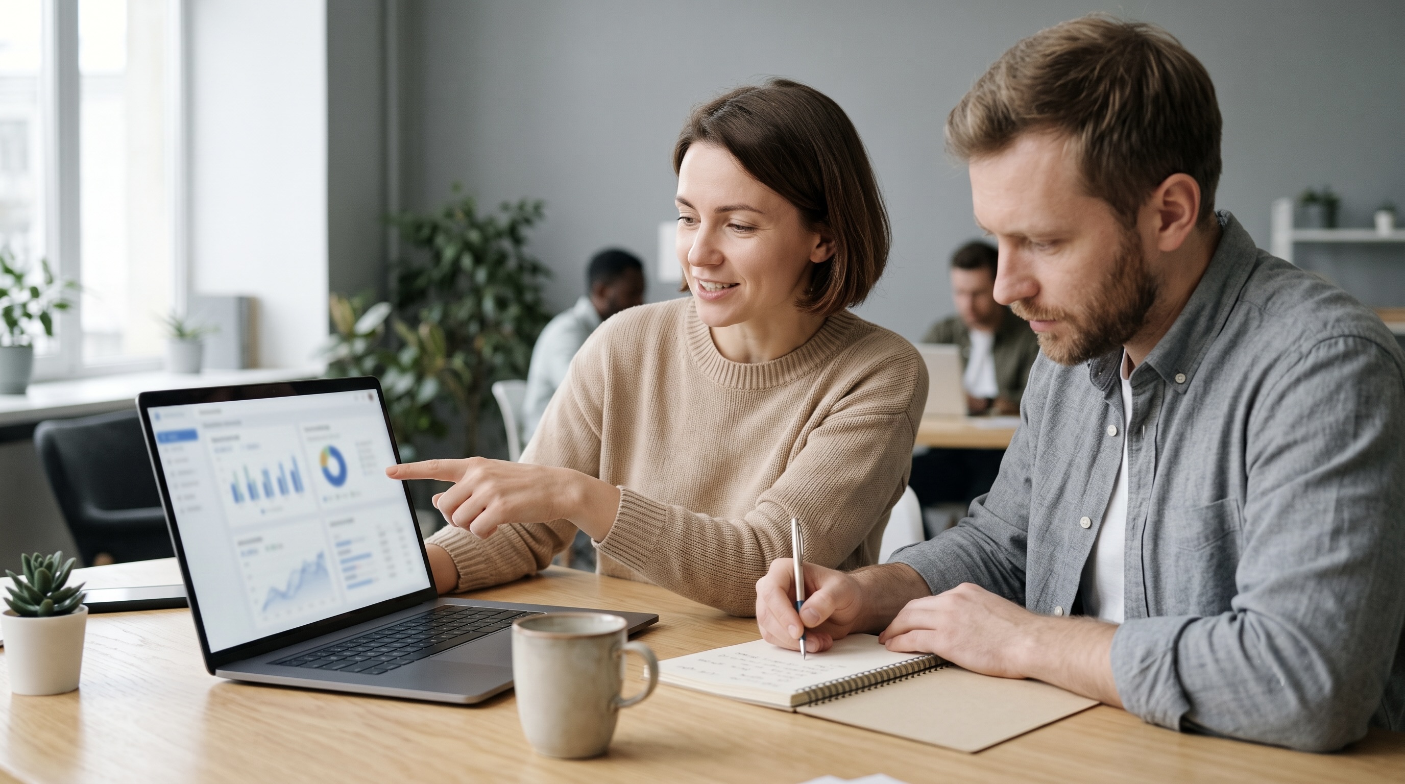 Two marketing team members comparing affiliate tracking software options on a laptop dashboard