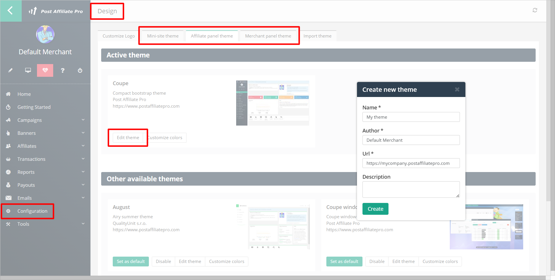 Post Affiliate Pro Design panel showing Mini-site theme, Affiliate panel theme, and Merchant panel theme tabs, with the Create new theme dialog open