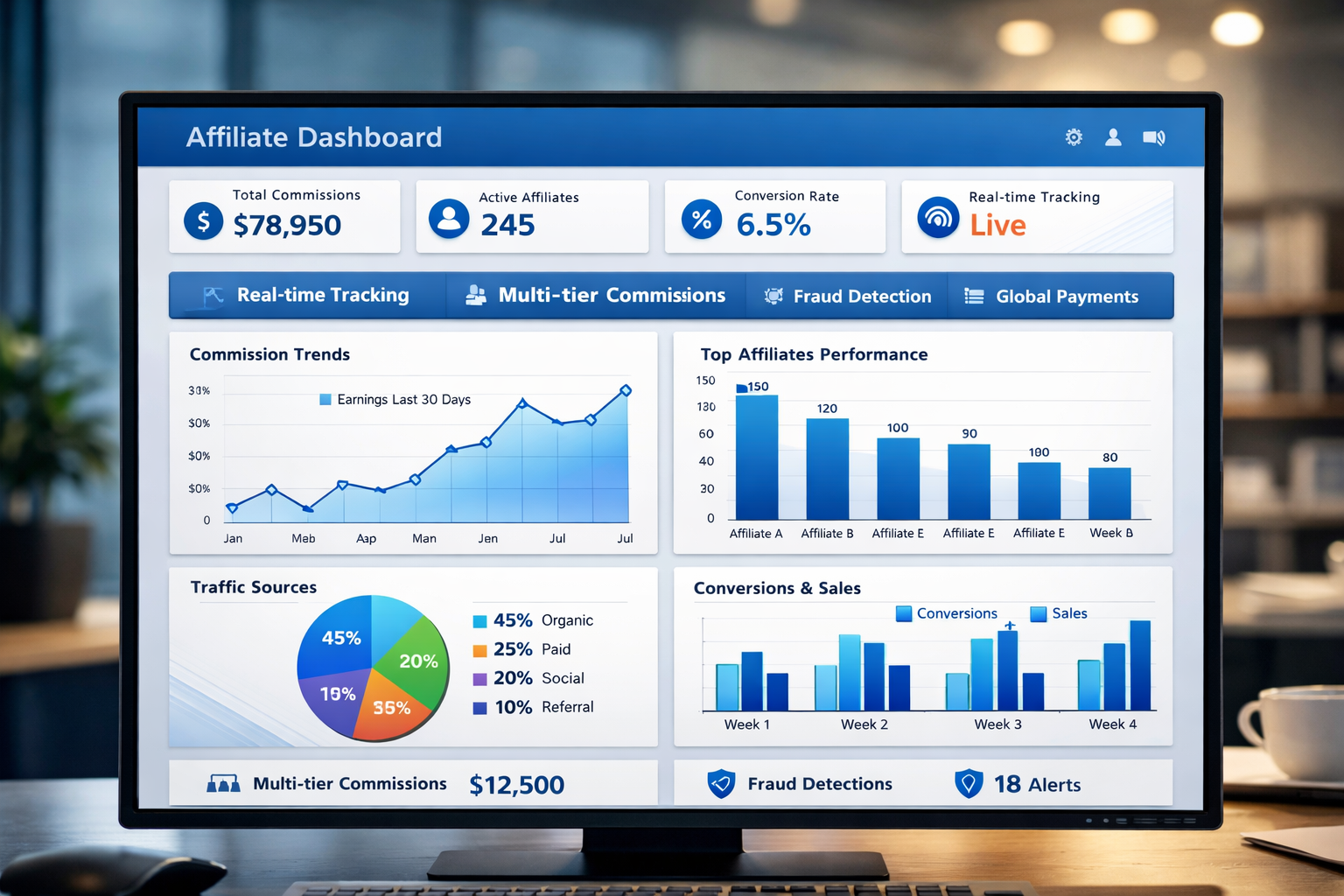 Modern affiliate software dashboard showing real-time analytics, commission tracking, and partner management