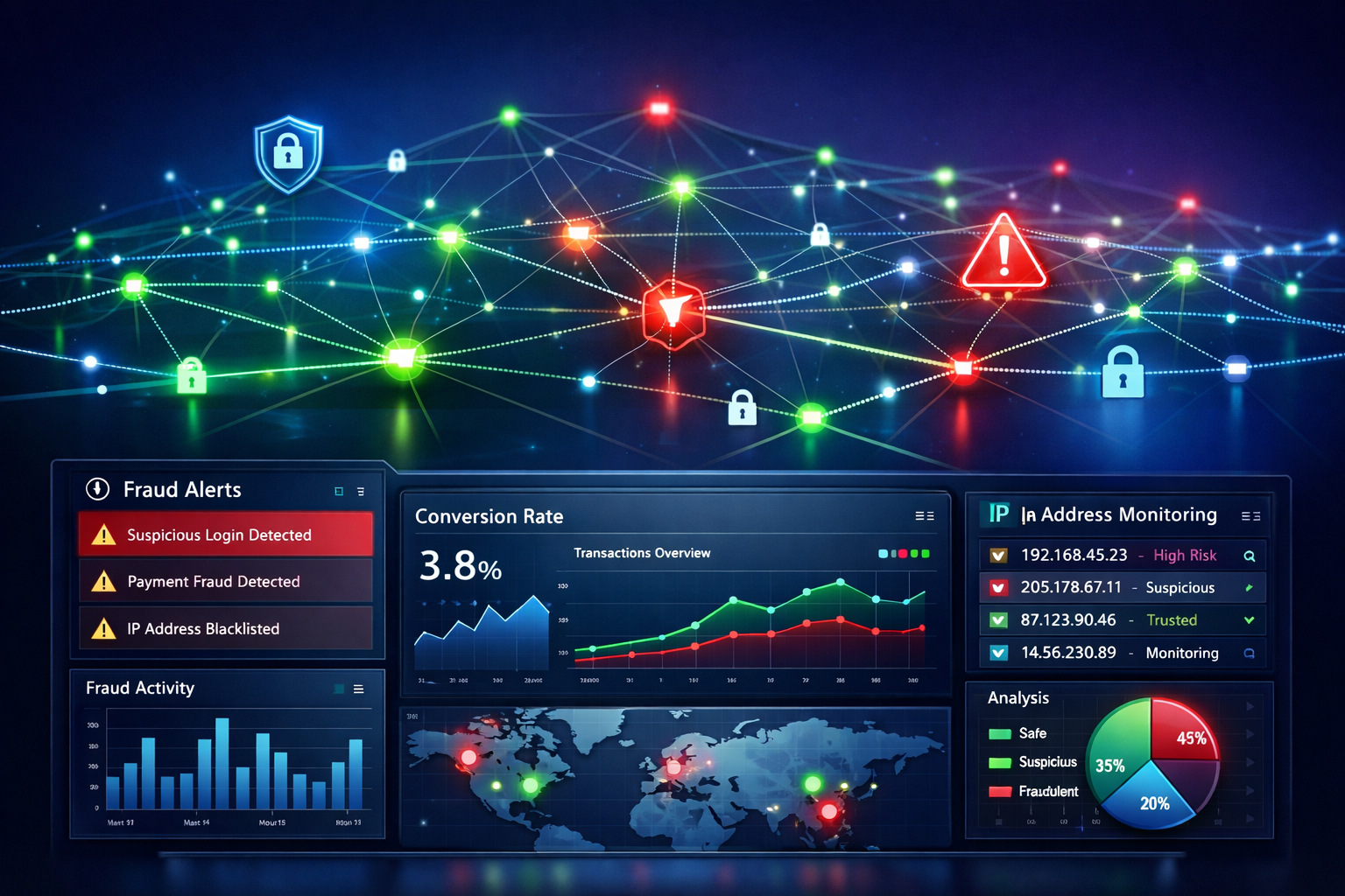 Digital security and fraud detection visualization showing network monitoring dashboard with real-time alerts