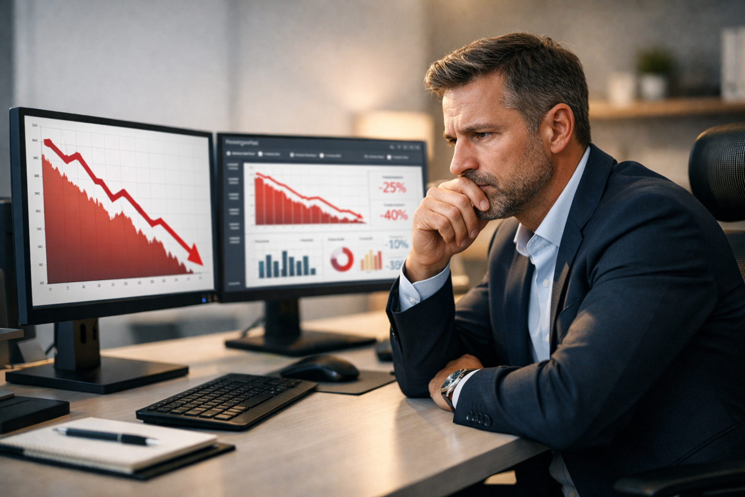 Business owner frustrated with low affiliate program sales looking at declining metrics