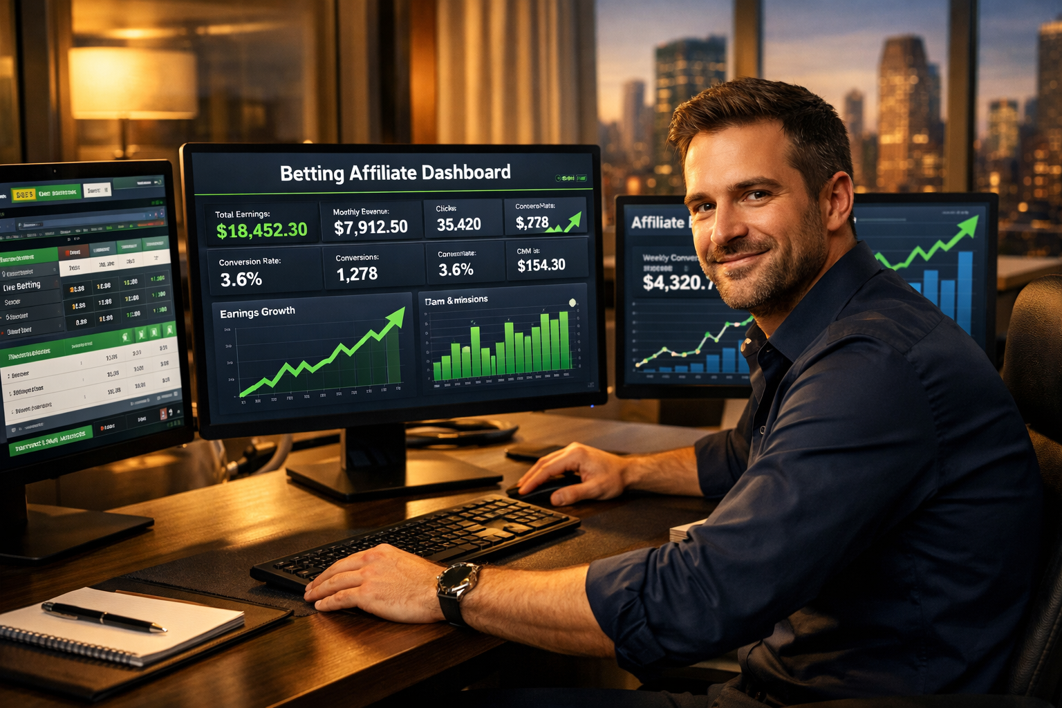 Affiliate marketer reviewing analytics dashboard with upward trending growth charts