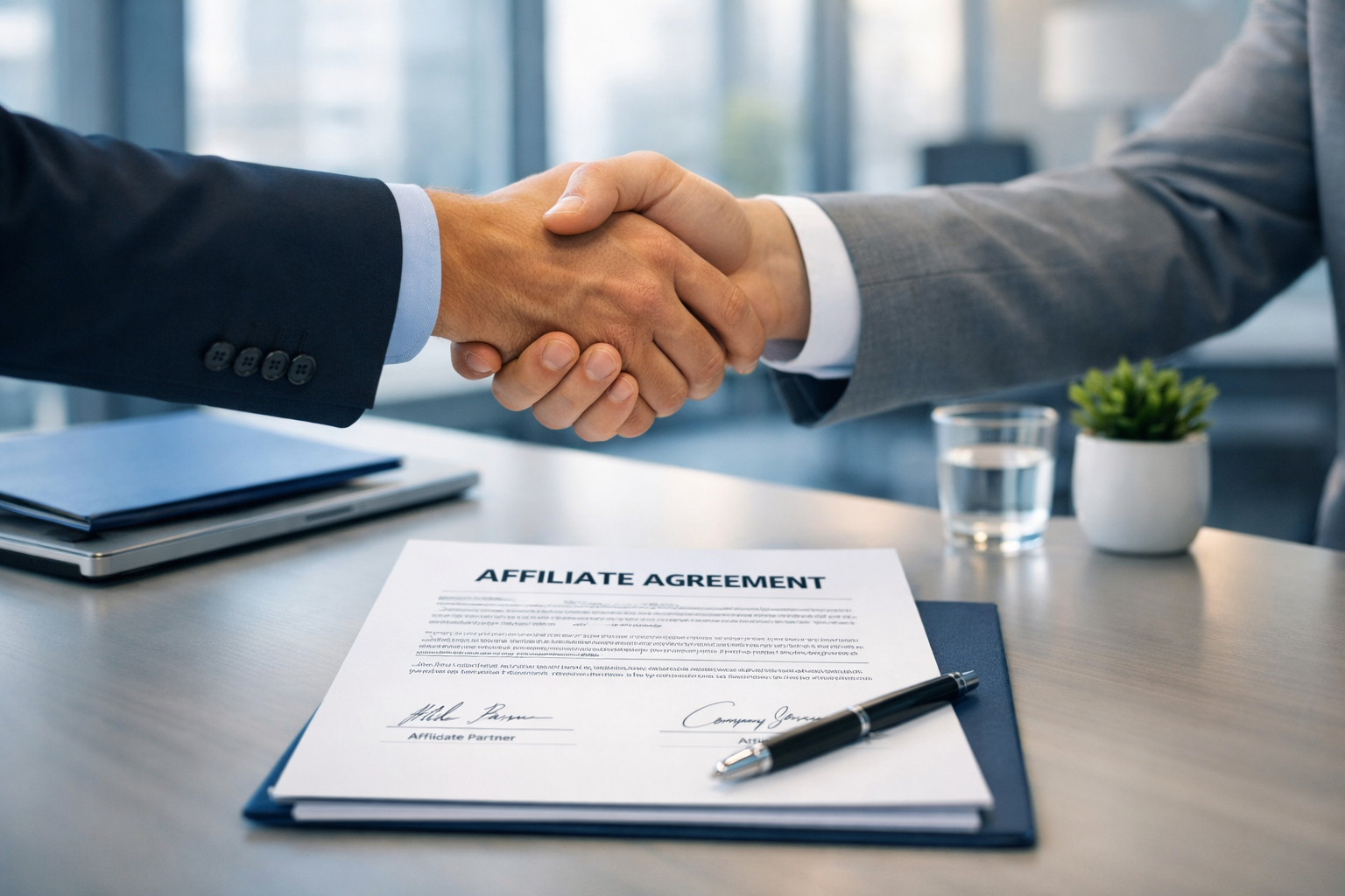 Professional business partnership with affiliate contract signing