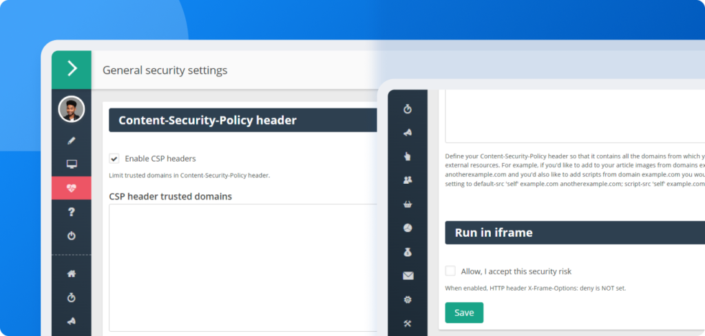 Configuration screen showing how to enable CSP headers and set trusted domains in Post Affiliate Pro