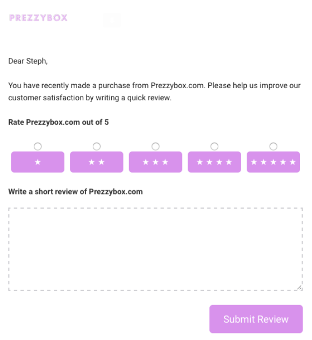 Prezzybox in-mail review form