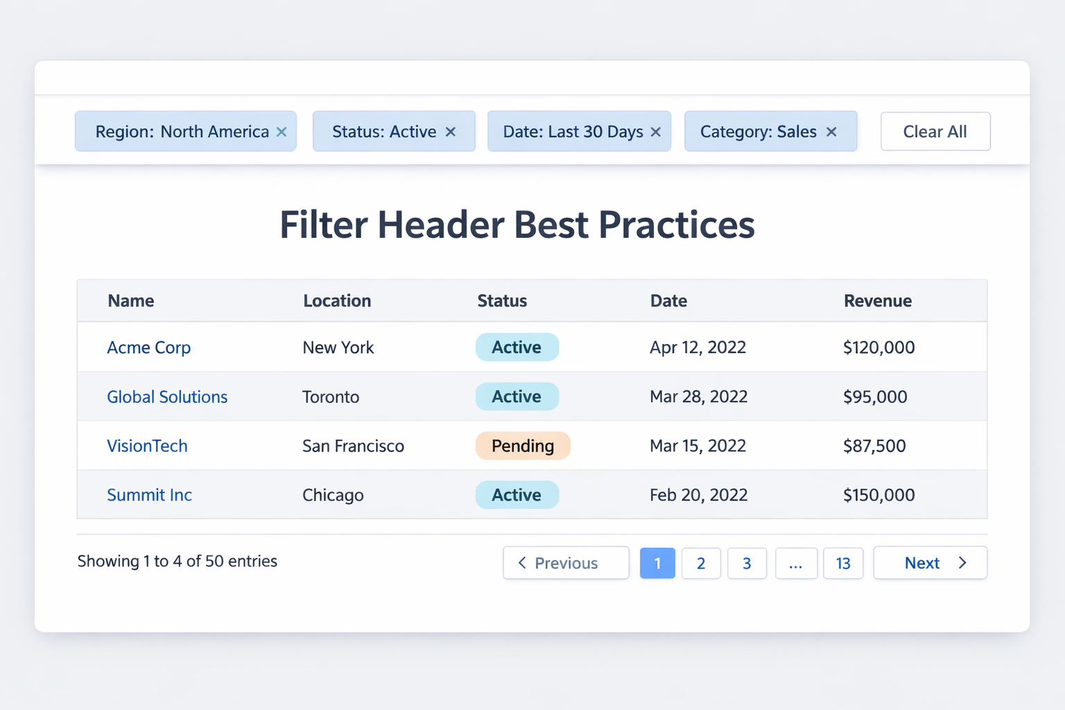 Filter header best practices implementation showing modern UI design