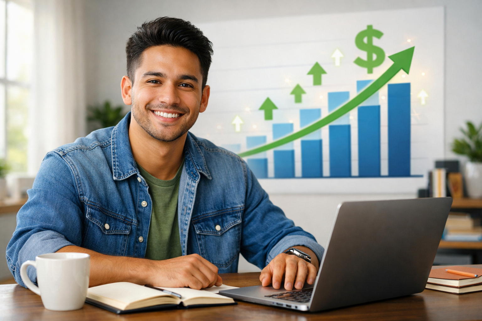 Beginner affiliate marketer earnings growth journey with upward trending graph