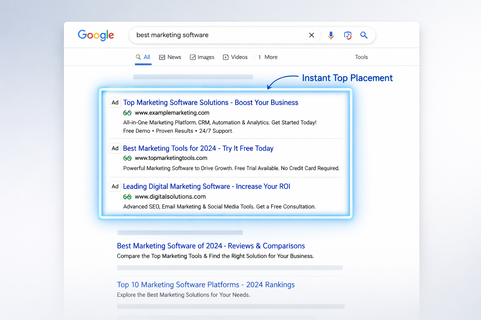 Google search results showing PPC ads at top with instant placement