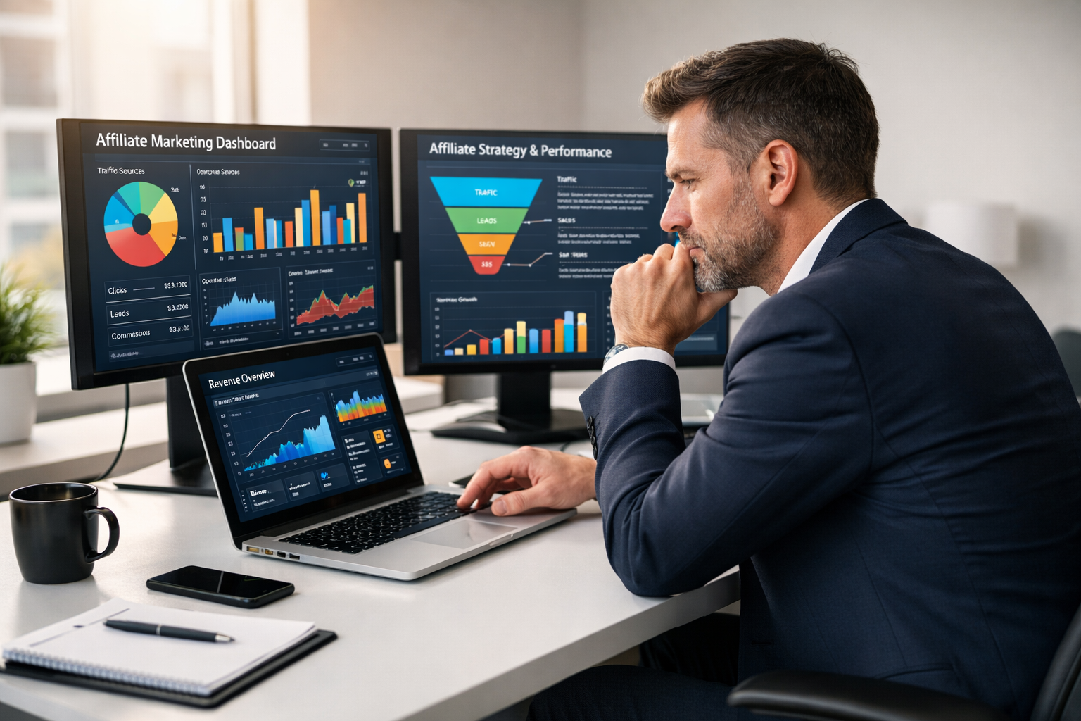 Entrepreneur analyzing affiliate marketing strategy with data and analytics