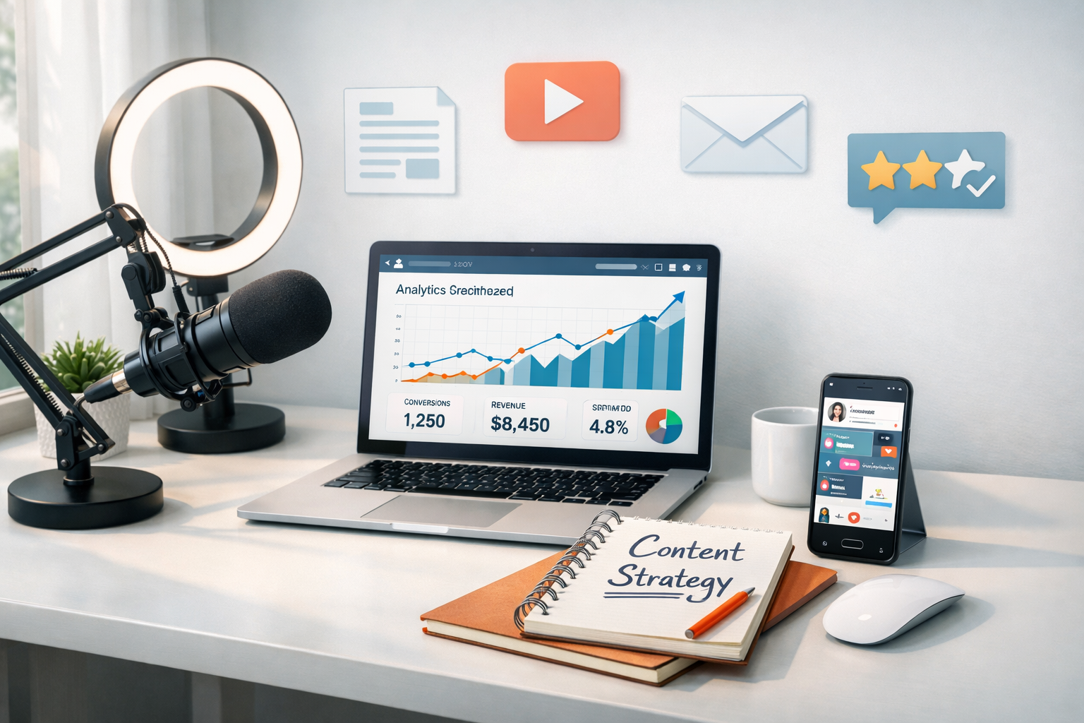 Professional affiliate marketing content creation workspace with laptop, microphone, and analytics dashboard