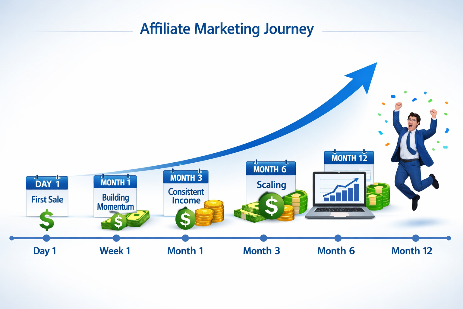 Affiliate marketing timeline showing progression from Day 1 to 12 months with income milestones
