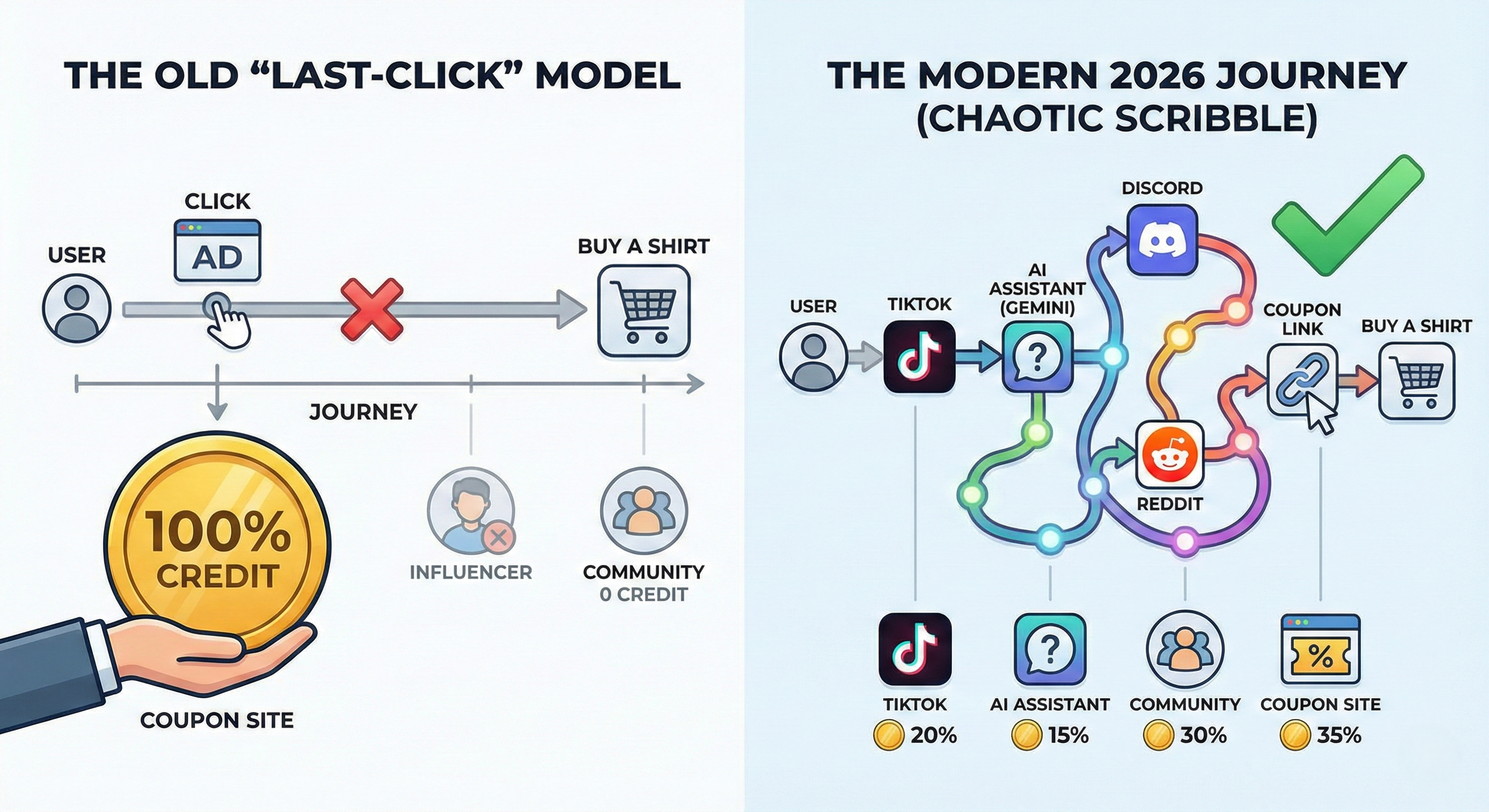 Customer journey showing last-click attribution model giving 100% credit to final coupon link while ignoring TikTok creator, AI assistant, and Discord community contributions