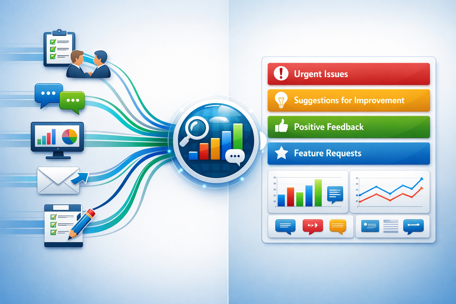 Feedback collection and analysis funnel showing multiple input methods