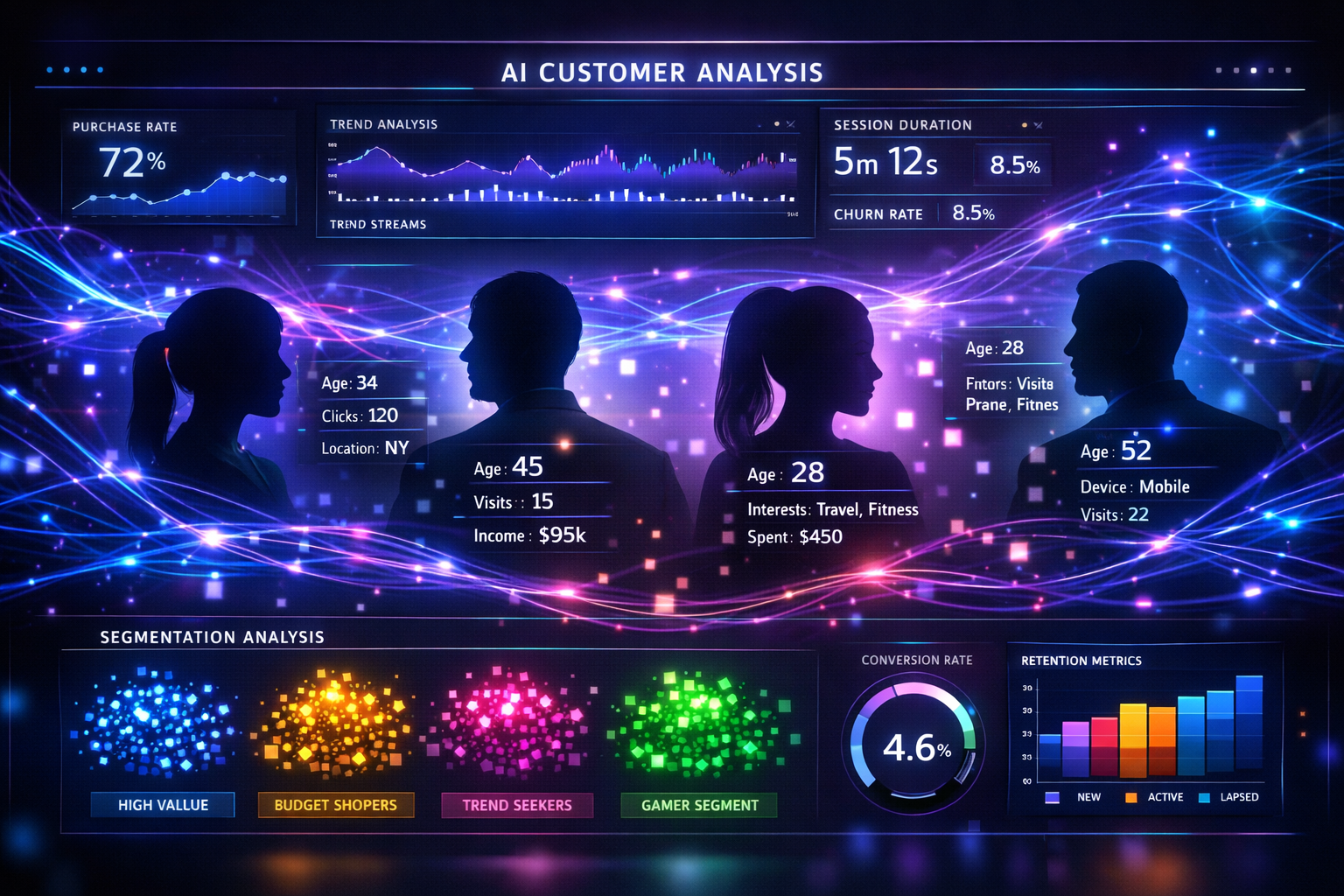 AI analyzing customer data with neural network patterns and micro-segmentation visualization
