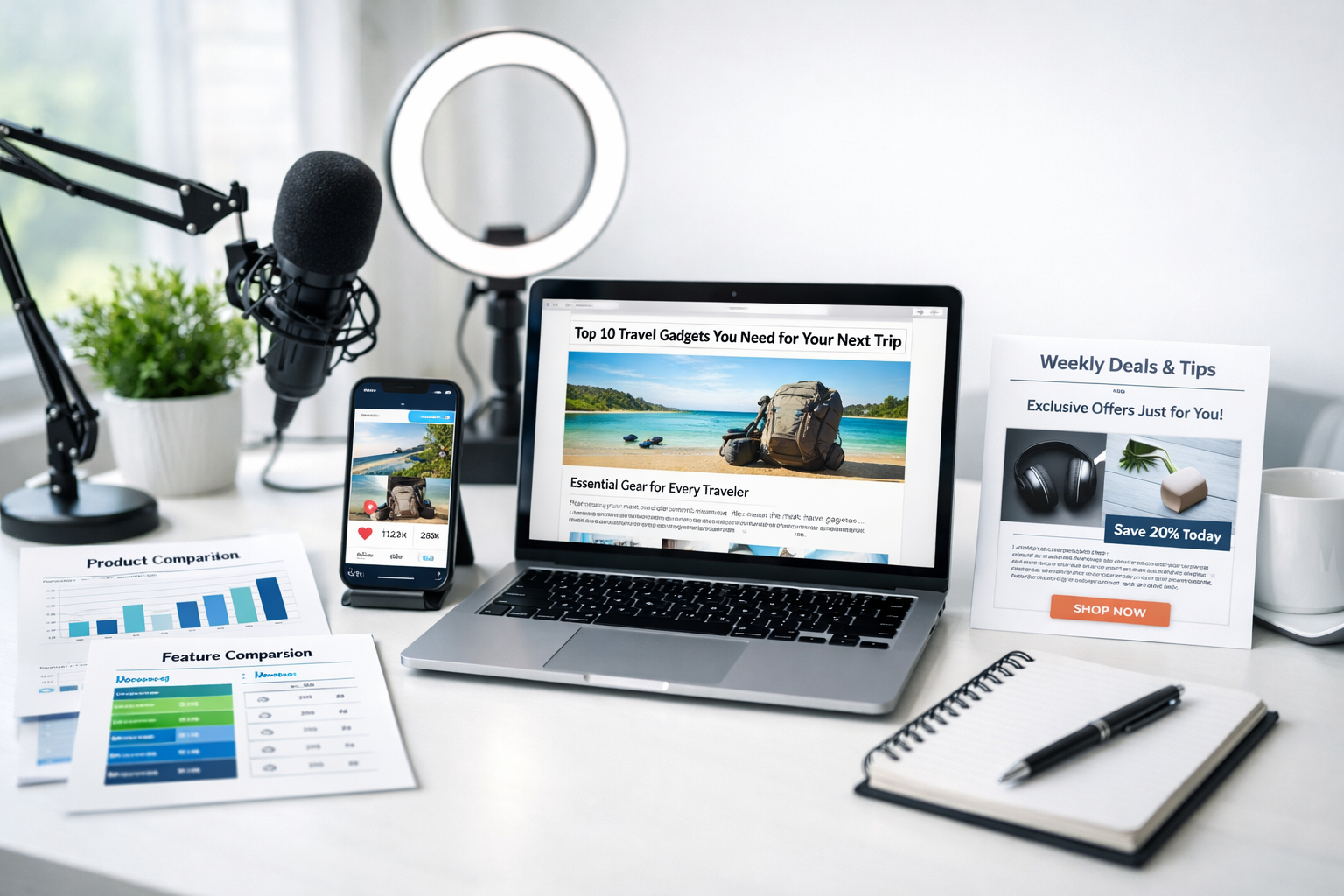 Professional digital marketing workspace with multiple content creation formats